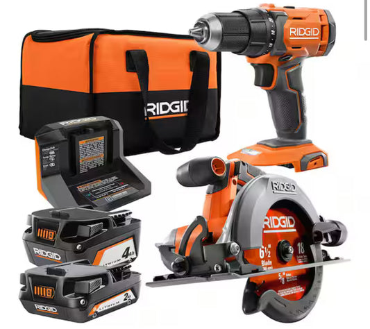 RIDGID18V Cordless 1/2 in. Drill/Driver and 6-1/2 in. Circular Saw Combo Kit with 2.0 Ah and 4.0 Ah Battery, Charger, and Bag