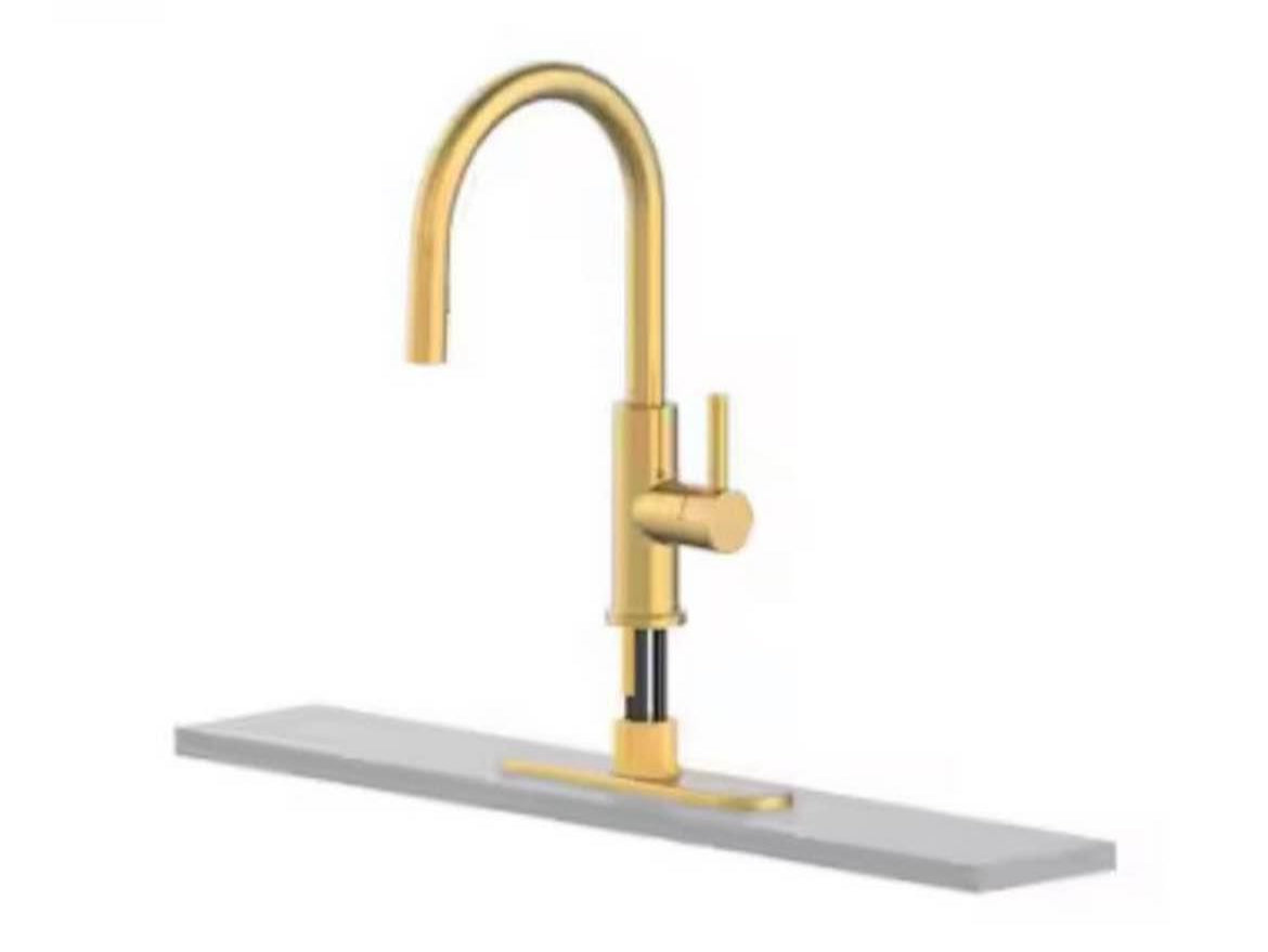 allen + roth Harlow Brushed Gold Single Handle Pull-down Kitchen Faucet with Sprayer (Deck Plate and Soap Dispenser Included)