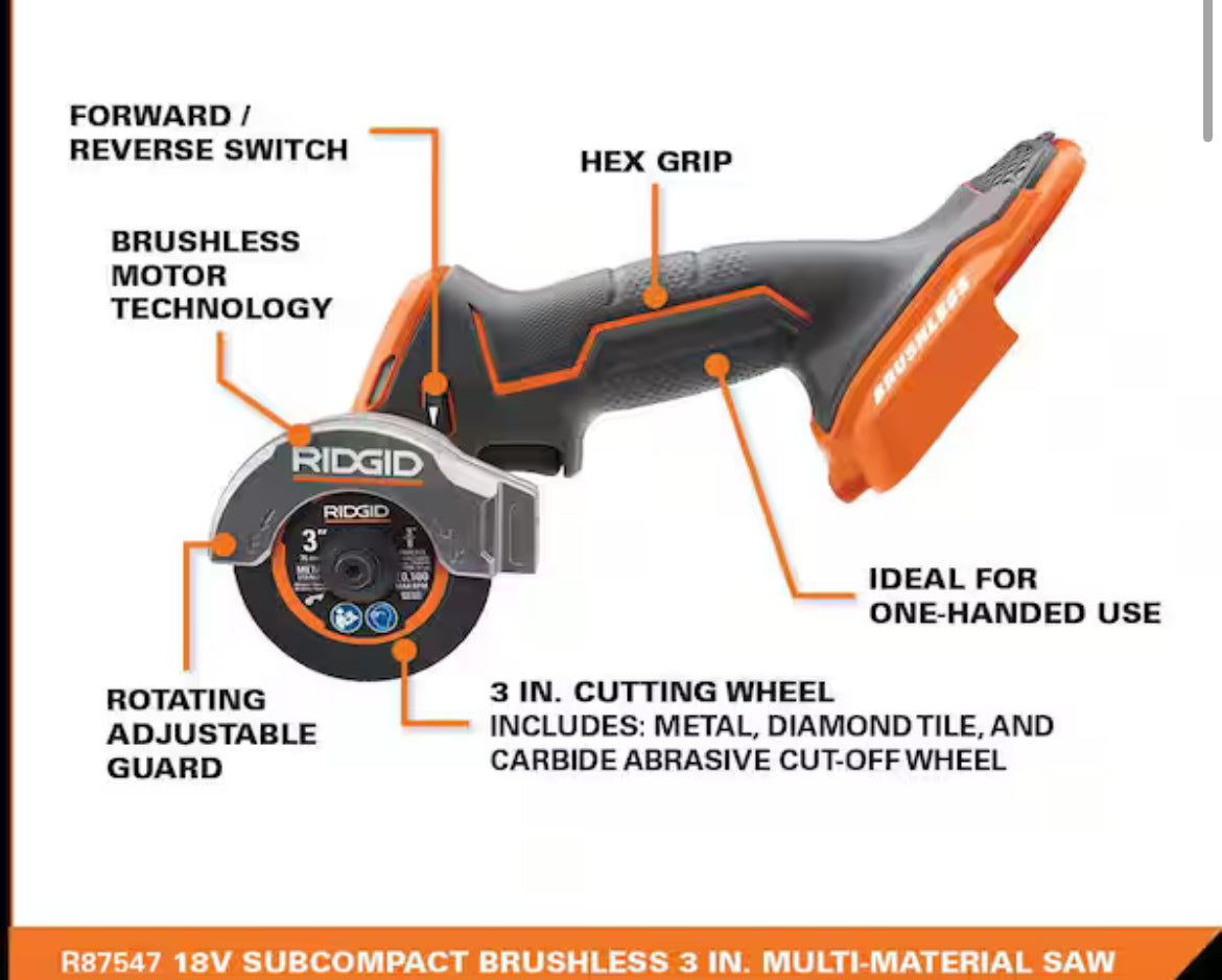 RIDGID18V SubCompact Brushless Cordless 3 in. Multi-Material Saw with (3) Cutting Wheels