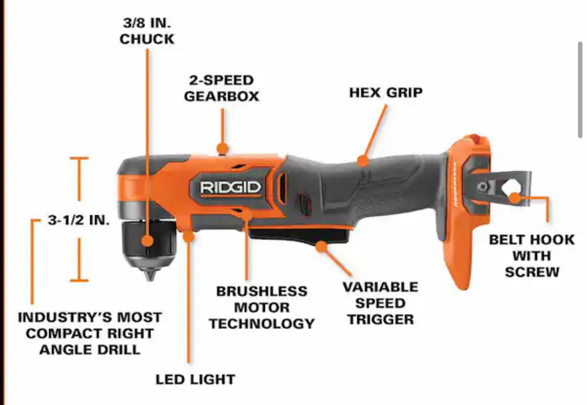 RIDGID18V SubCompact Brushless Cordless 3/8 in. Right Angle Drill