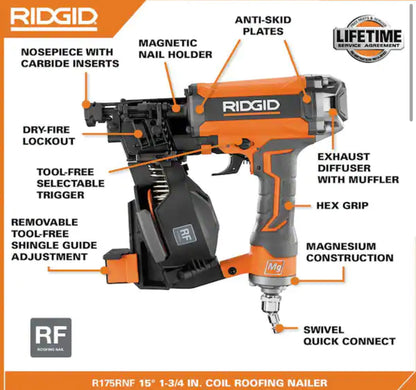 RIDGIDPneumatic 15 Deg. 1-3/4 in. Coil Roofing Nailer