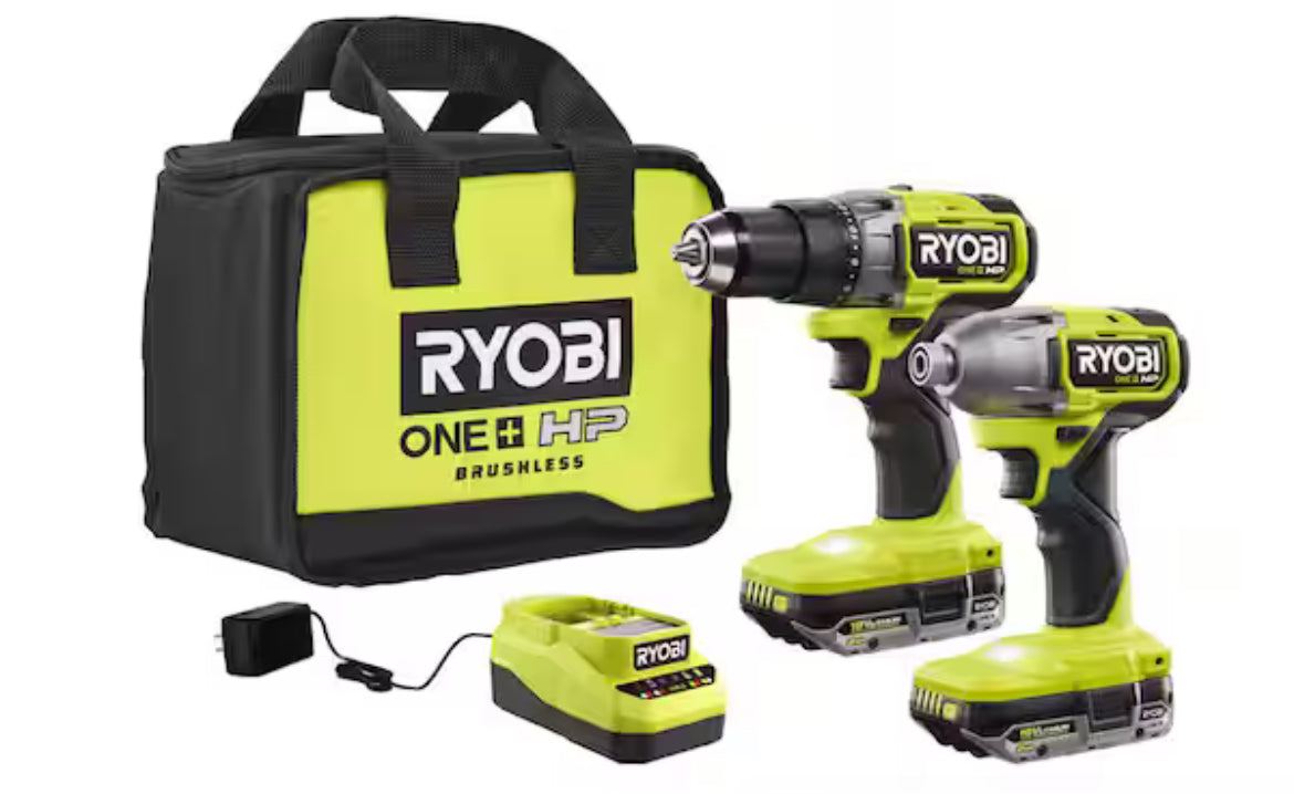 RYOBIONE+ HP 18V Brushless Cordless 1/2 in. Drill/Driver and Impact Driver Kit w/(2) 2.0 Ah Batteries, Charger, and Bag