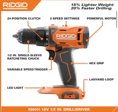 RIDGID18V Cordless 1/2 in. Drill/Driver and 6-1/2 in. Circular Saw Combo Kit with 2.0 Ah and 4.0 Ah Battery, Charger, and Bag