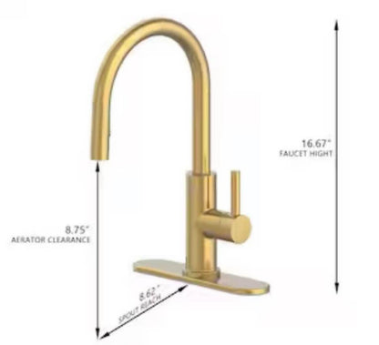 allen + roth Harlow Brushed Gold Single Handle Pull-down Kitchen Faucet with Sprayer (Deck Plate and Soap Dispenser Included)