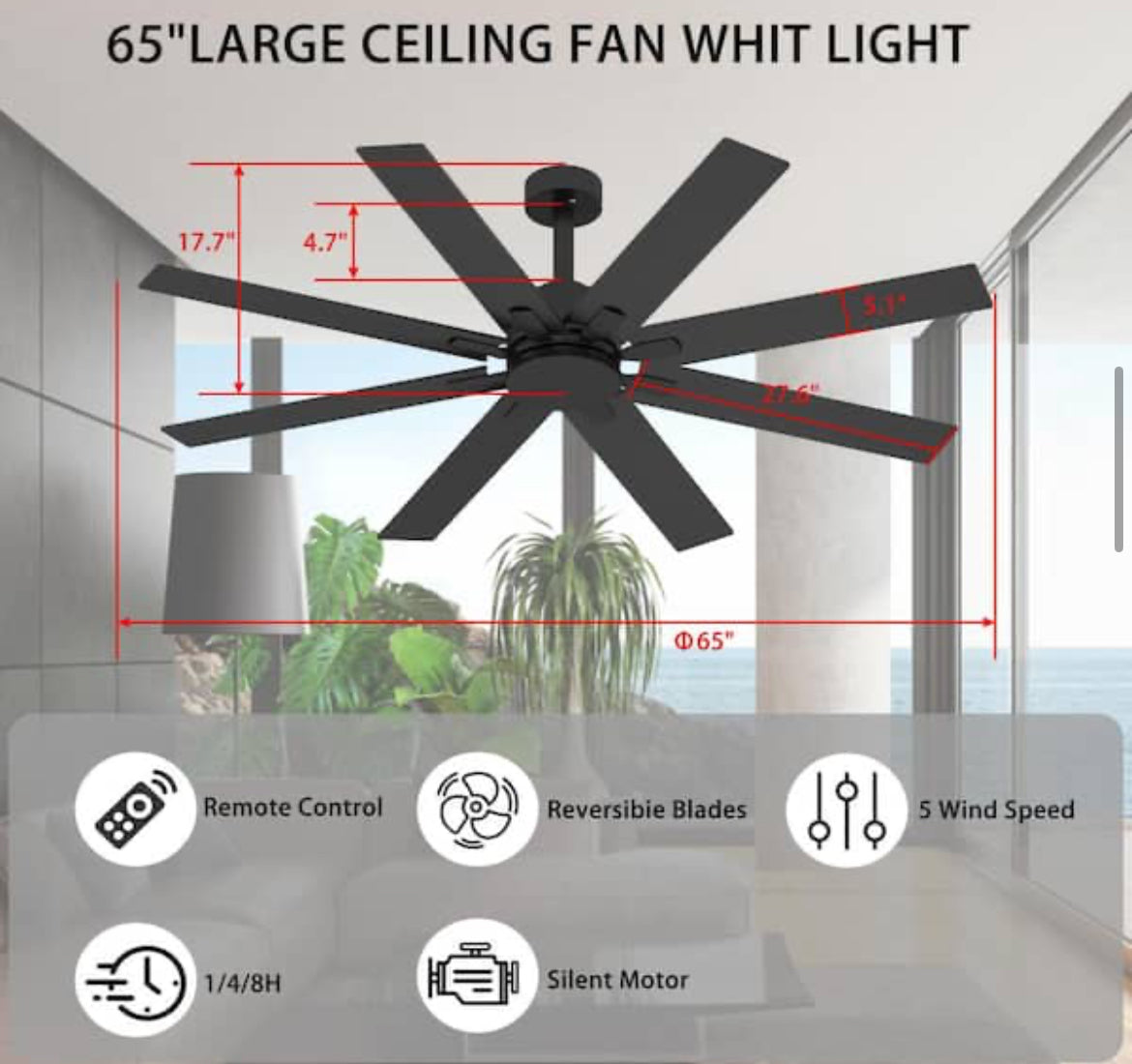 Indoor Outdoor Use 65 in. Black Solid Wood Grain 8 Blade Propeller Ceiling Fan with Remote Control, 5-Speed Adjustable “ONLY PICK UP”