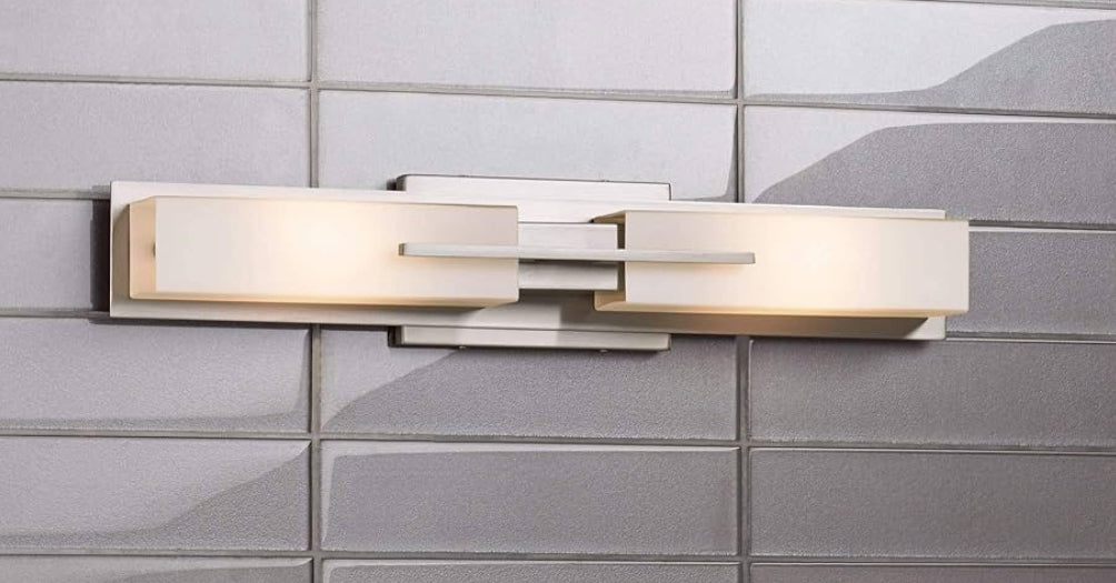 Possini Euro Design Midtown Mid Century Modern Wall Mount Light Brushed Nickel Silver Metal 23 1/2" Wide 2-Light Vanity Fixture Rectangular White Glass Decor for Bathroom Over Mirror House Home