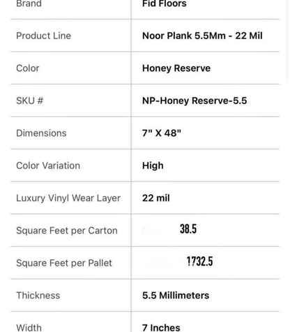 Noor Vinyl Plank 5.5MM Honey Reserve - 22 Mil Wear Layer by Fid Floors Waterproof (Pick up Only)