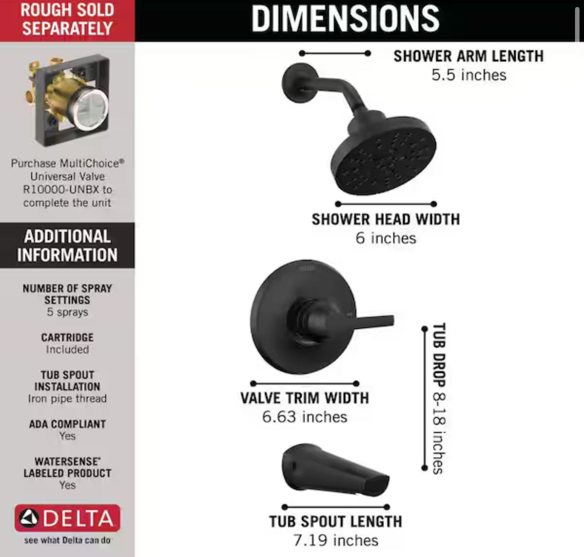 DeltaGaleon 1-Handle Wall-Mount Tub and Shower Trim Kit in Matte Black with H2Okinetic (Valve Not Included)