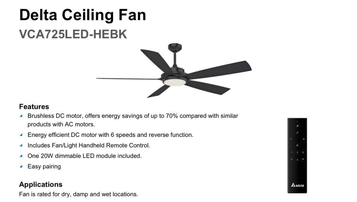 Delta Breez Pleasanton 72 Inch Ceiling Fan Black 5 Blade With Remote