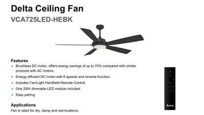 Delta Breez Pleasanton 72 Inch Ceiling Fan Black 5 Blade With Remote