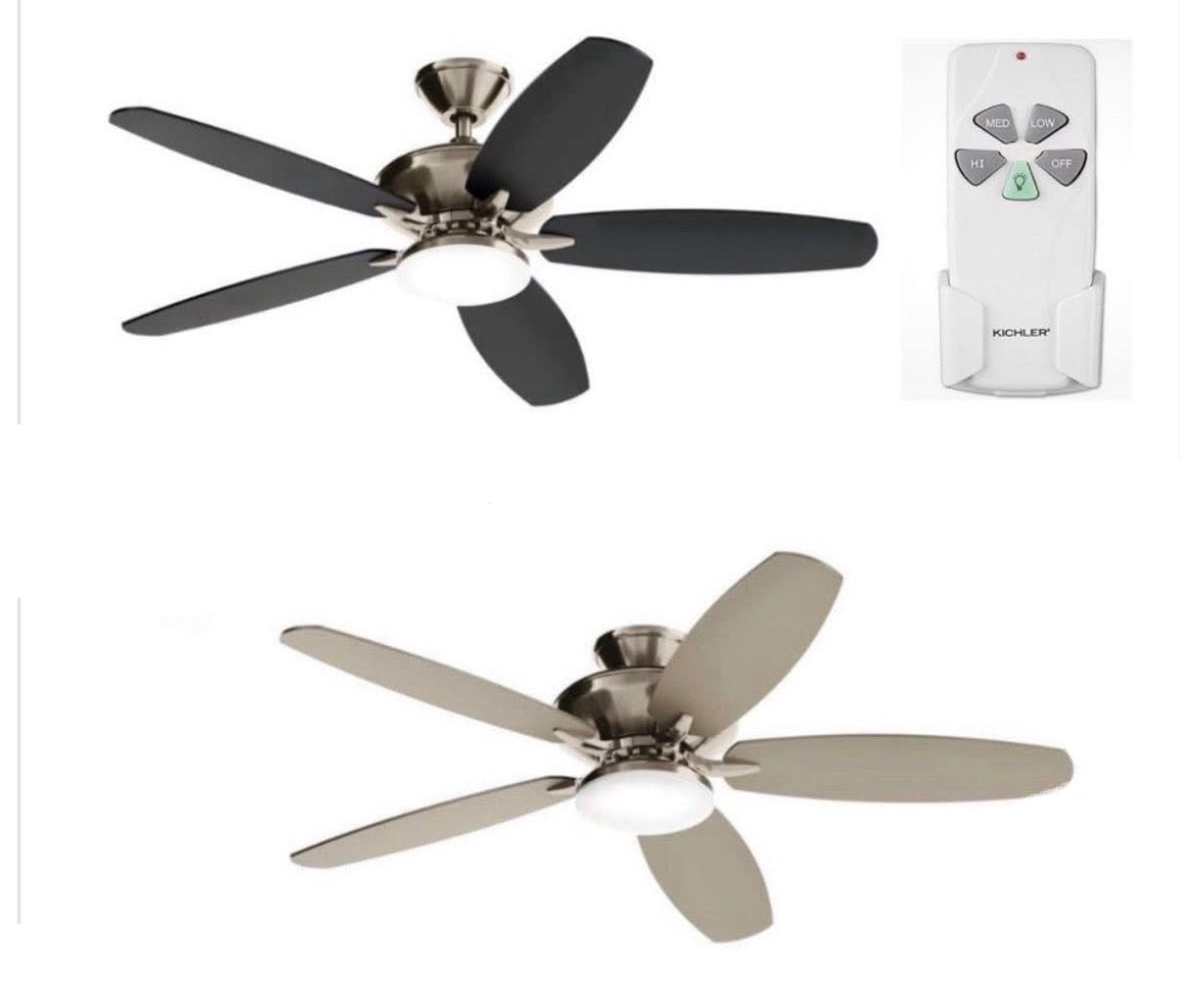 KICHLER Renew Designer 52 in. Indoor/Outdoor Brushed Nickel Dual Mount Ceiling Fan with LED Bulbs with Remote Control Included