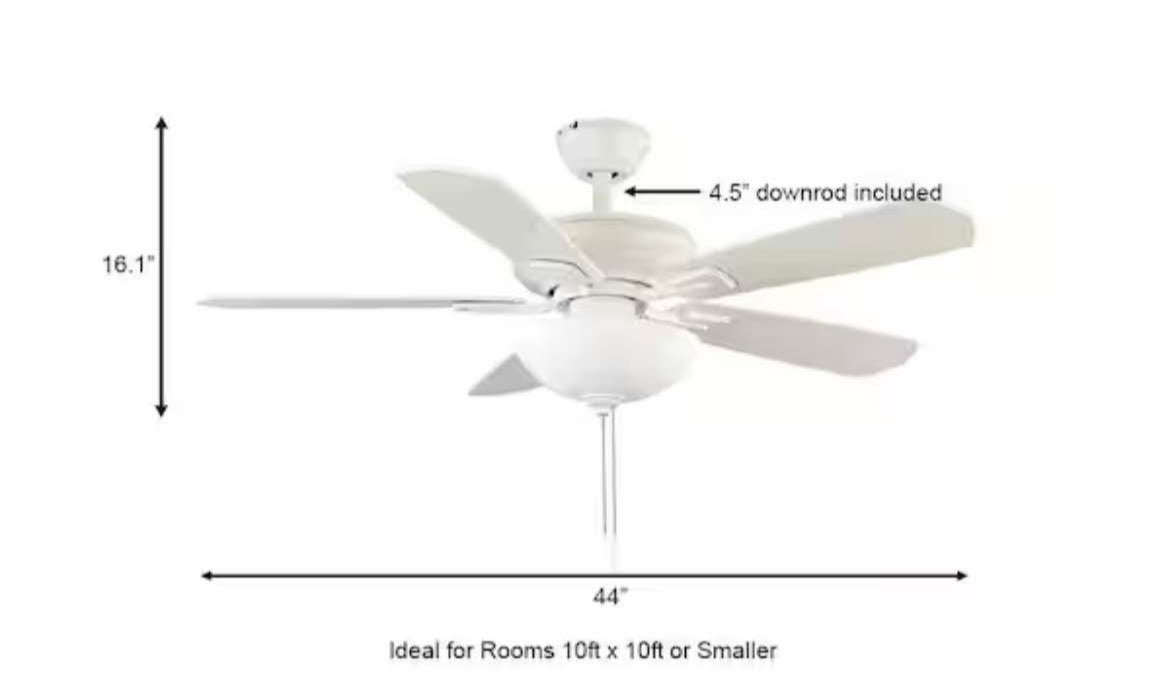 Hampton BayWellston II 44 in. Indoor LED Matte White Dry Rated Downrod Ceiling Fan with Light Kit and 5 Reversible Blades