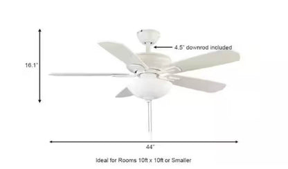 Hampton BayWellston II 44 in. Indoor LED Matte White Dry Rated Downrod Ceiling Fan with Light Kit and 5 Reversible Blades