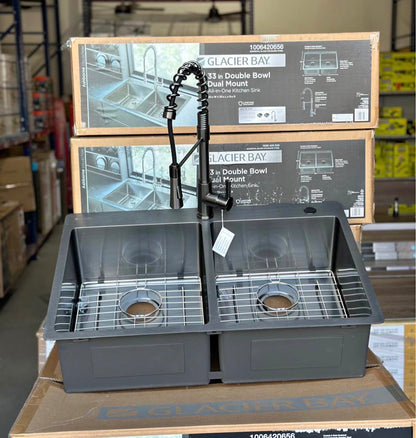 — LABOR DAY SPECIAL —-
PICK UP ONLY

Glacier Bay Dolancourt Tight Radius 33 in. Drop-In 50/50 Double Bowl 18 Gauge Stainless Steel Kitchen Sink with Pull-Down Faucet