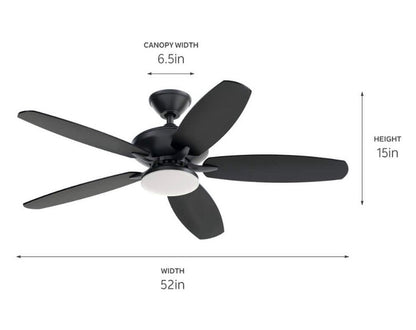KICHLER Renew Designer 52 in. Indoor/Outdoor Satin Black Dual Mount Ceiling Fan with LED Bulbs with Remote Control Included