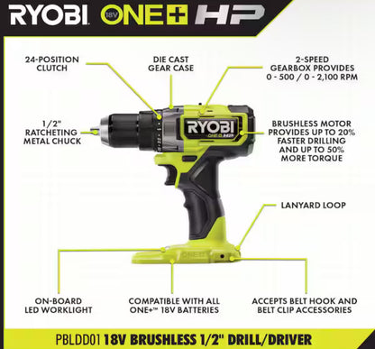 RYOBIONE+ HP 18V Brushless Cordless 1/2 in. Drill/Driver and Impact Driver Kit w/(2) 2.0 Ah Batteries, Charger, and Bag