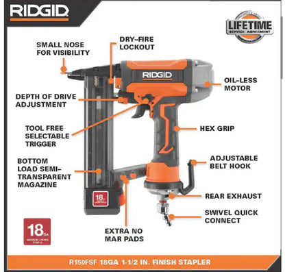 RIDGIDPneumatic 18-Gauge 1-1/2 in. Finish Stapler and Contractor's Bag.