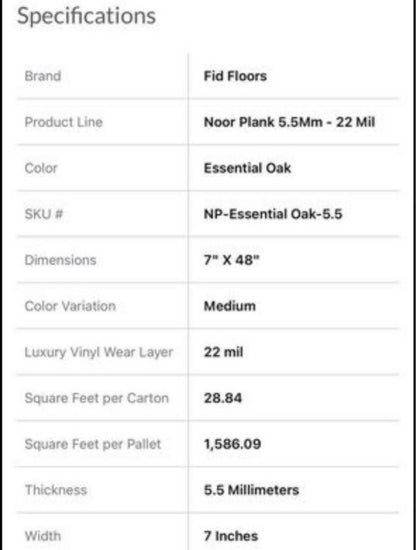 Noor Plank ESSENTIAL OAK Vinyl Flooring 22 Mil Wear Layer W/ Padding 100% WaterProof (PICK UP ONLY )