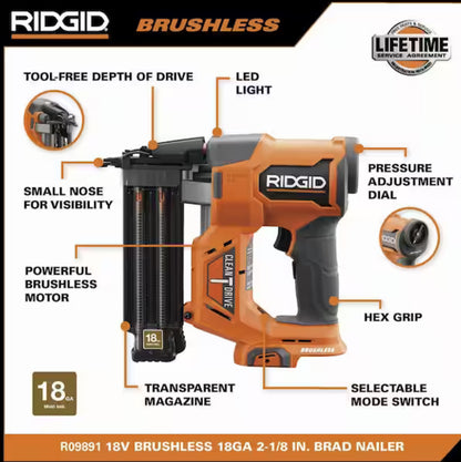 RIDGID 18V Brushless Cordless 18-Gauge 2-1/8 in. Brad Nailer with CLEAN DRIVE Technology