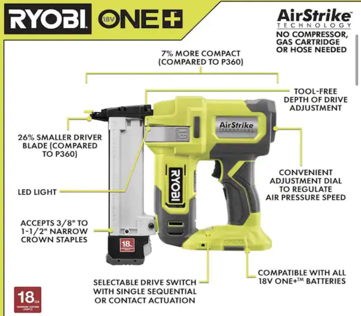 RYOBIONE+ 18V 18-Gauge Cordless AirStrike Narrow Crown Stapler (Tool Only)(No battery no charger)