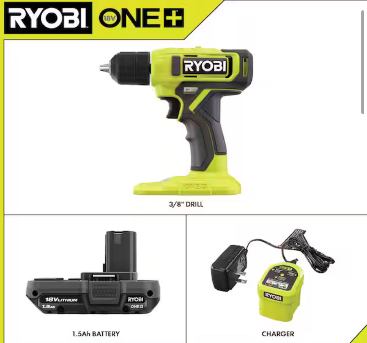 RYOBIONE+ 18V Cordless 3/8 in. Drill/Driver Kit with 1.5 Ah Battery and Charger