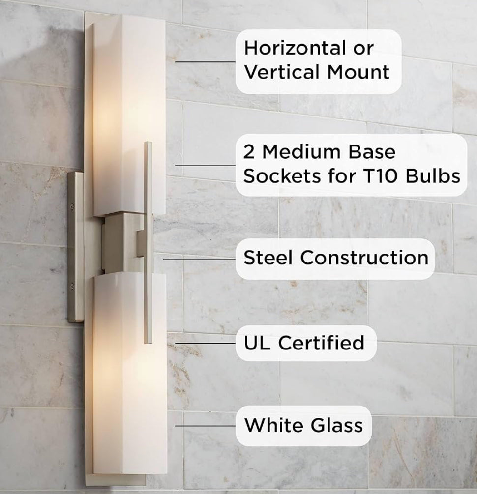 Possini Euro Design Midtown Mid Century Modern Wall Mount Light Brushed Nickel Silver Metal 23 1/2" Wide 2-Light Vanity Fixture Rectangular White Glass Decor for Bathroom Over Mirror House Home