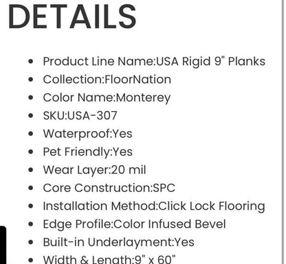 “ONLY PICK UP “
Monterey Luxury Vinyl Plank Flooring 6MM 20Mil WearLayer Waterproof 9”x60”