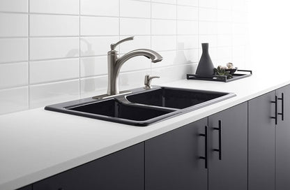 KOHLER Elliston Vibrant Stainless Single Handle Pull-out
Kitchen Faucet with Deck Plate and Soap Dispenser
Included