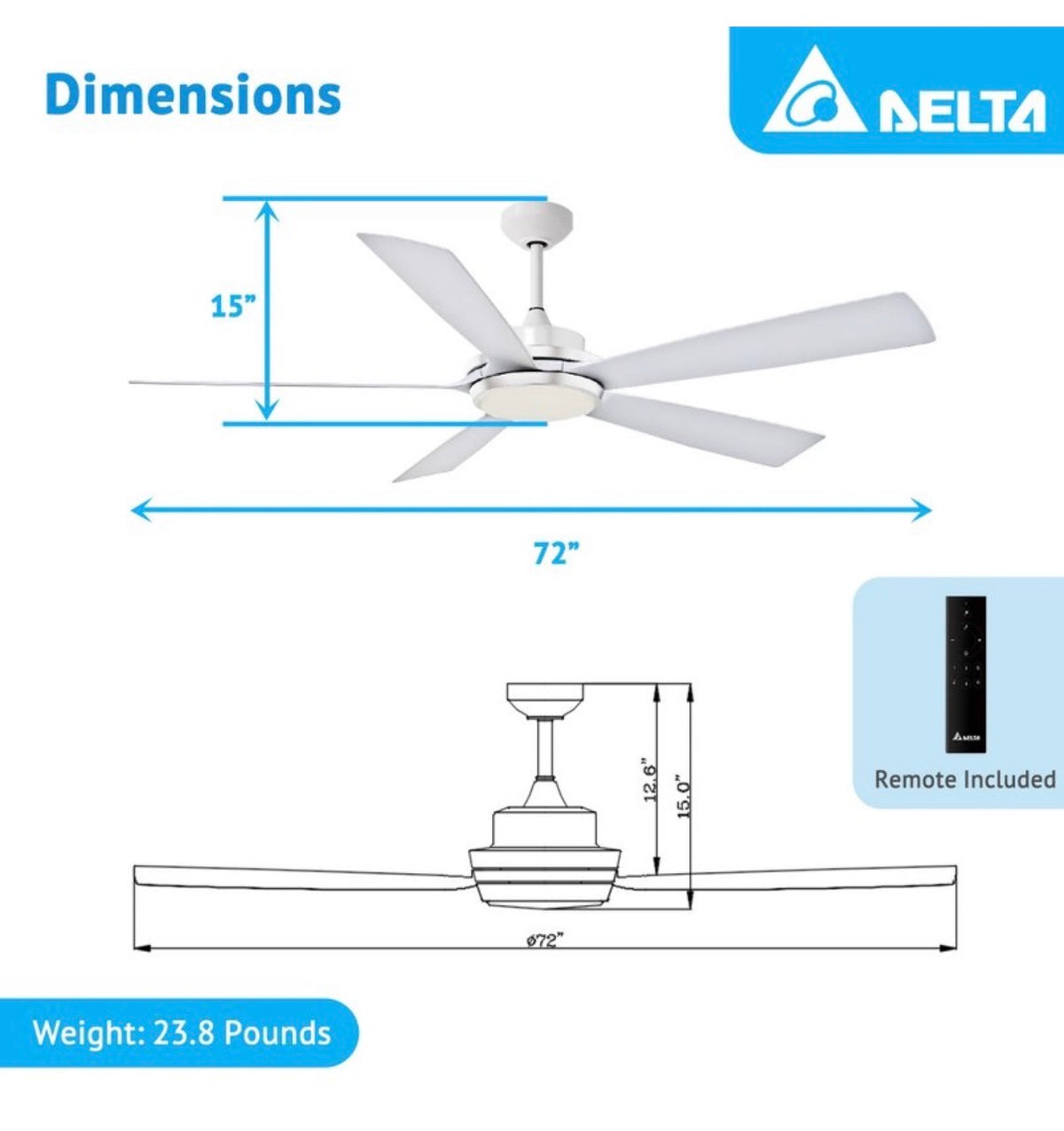 Delta Breez Pleasanton 72" Ceiling Fan with LED, Remote, Indoor/Outdoor, White