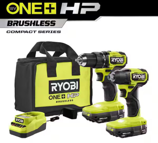 RYOBIONE+ HP 18V Brushless Cordless Compact 1/2 in. Drill and Impact Driver Kit with (2) 1.5 Ah Batteries, Charger, and Bag