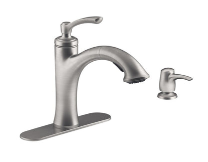 KOHLER Elliston Vibrant Stainless Single Handle Pull-out
Kitchen Faucet with Deck Plate and Soap Dispenser
Included