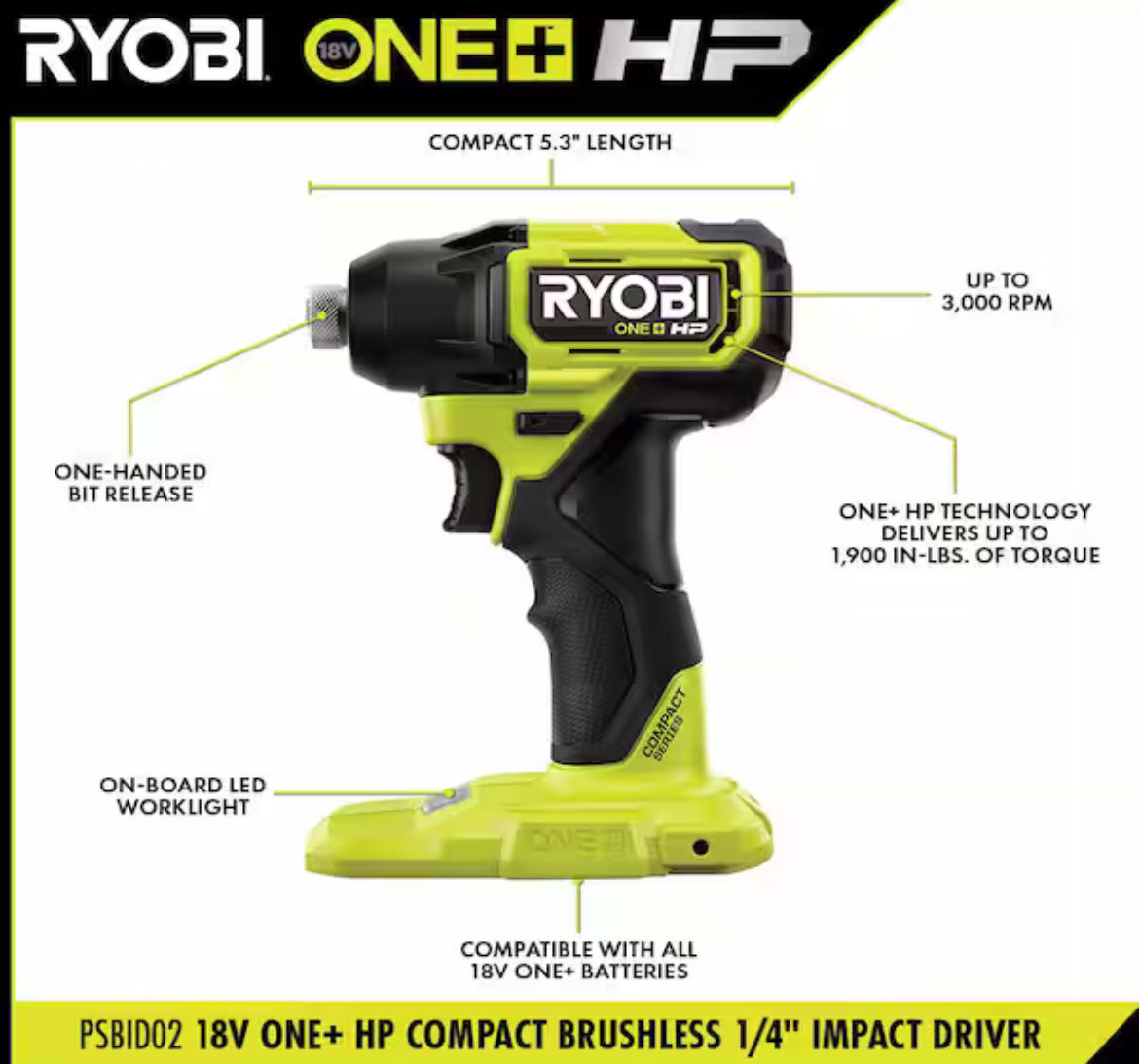 RYOBIONE+ HP 18V Brushless Cordless Compact 1/2 in. Drill and Impact Driver Kit with (2) 1.5 Ah Batteries, Charger, and Bag