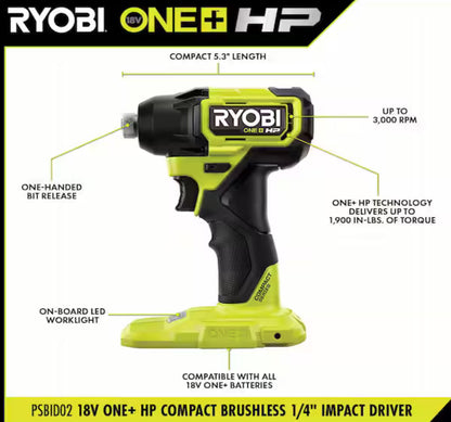 RYOBIONE+ HP 18V Brushless Cordless Compact 1/2 in. Drill and Impact Driver Kit with (2) 1.5 Ah Batteries, Charger, and Bag