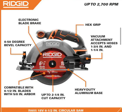 RIDGID18V Cordless 1/2 in. Drill/Driver and 6-1/2 in. Circular Saw Combo Kit with 2.0 Ah and 4.0 Ah Battery, Charger, and Bag