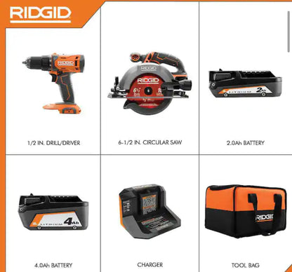 RIDGID18V Cordless 1/2 in. Drill/Driver and 6-1/2 in. Circular Saw Combo Kit with 2.0 Ah and 4.0 Ah Battery, Charger, and Bag