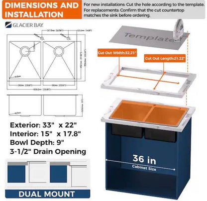 — LABOR DAY SPECIAL —-
PICK UP ONLY

Glacier Bay Dolancourt Tight Radius 33 in. Drop-In 50/50 Double Bowl 18 Gauge Stainless Steel Kitchen Sink with Pull-Down Faucet