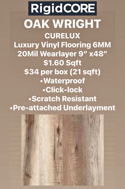 “ONLY PICK UP “CORELUXE OAK WRIGHT Waterproof Luxury Vinyl Flooring 6MM 20Mil Wearlayer Clicklock 9” x48”