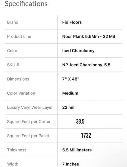 Noor Vynil Plank 5.5MM  Iced Charclonny - 22 Mil Wear Layer by Fid Floors 100% Waterproof