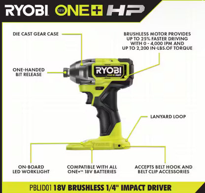 RYOBIONE+ HP 18V Brushless Cordless 1/2 in. Drill/Driver and Impact Driver Kit w/(2) 2.0 Ah Batteries, Charger, and Bag